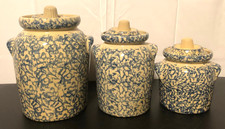 Antique Early 1900s Robinson Ransbottom Stoneware Blue Sponge Canister Set #700 picture