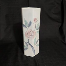 Vtg Porcelain Hexagon Vase Raised Accent Paint Floral Sides Handpainted Asian picture