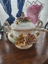 Medieval C.1940s Vintage Floral Large Capodimonte Soup Tureen Made in Italy picture