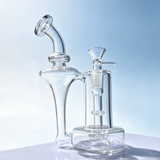 7'' Clear Recycler Glass Bong Showerhead Perc Dual-chamber Water Pipe Hookah picture