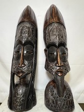 Pair 27” African Fulani Masks Gye Nyame Symbol Ghana Wall Art  Male and Female picture