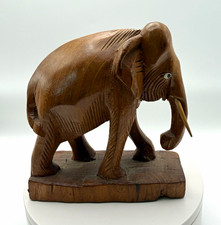 Vintage Hand Carved Wood Elephant 5” Figurine Tusks Folk Art Wooden Base picture