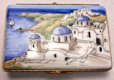 Vtg Limoges Peint Main Trinket Box Postcard Souvenir de Santorini Greece Heart picture