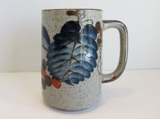 Vintage Speckled Stoneware Coffee Mug Japan? Blue Leaves 5