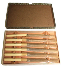 VINTAGE NEW SHEFFIELD ENGLAND MCM STAINLESS CELLULOID HANDLE SET 6 BUTTER KNIVES picture