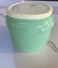 Vtg Glasbake Mint Green Walker’s Honey Whip Glass Jar with Lid 3” Tall x 4” Wide picture