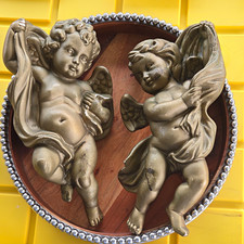 Homco 1120 Cherub Angel Wall Plaque Antique Gold Resin on Round Wood 11in B1 picture