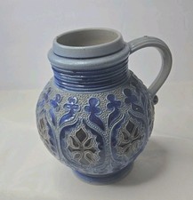 'Vintage Blue Relief Pottery Jug Vase Textured Ceramic Pitcher Mid Century Style picture