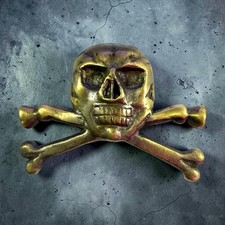 Solid Brass Skull Crossbones Paperweight Antique Vintage Cast Cap Badge Replica picture
