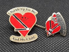 Vintage I Buckle Up Red Heart Goldtone Enamel Lapel 2 Pin Set (2pcs) picture