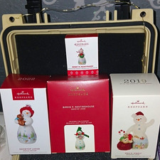 Hallmark Keepsake Snowtop Lodge Snowman Porcelain Hanging Ornament Lot of 4 picture