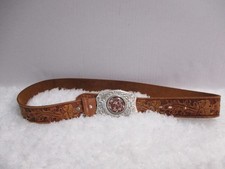 Chambers Leather Belt Co. USA Belt Buckle  /Silvertone w Red Stone/ Horse 38