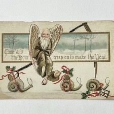 Antique Embossed Postcard Adorable Cute Snail Fam & Father Time HBG Christmas picture