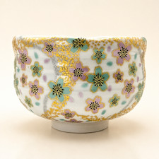Chawan Kutani ware Japanese Pottery Matcha Green Tea Bowl Sakura Cherry Blossoms picture