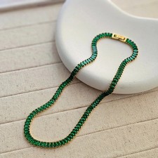 AAA Emerald Green Baguette Tennis Necklace in 14K Yellow Gold Plated 16