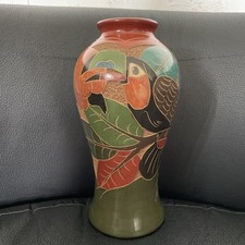Vintage Nicaraguan Nicova Pottery Vase Hand Carved Toucan Jungle Bird Folk Art picture