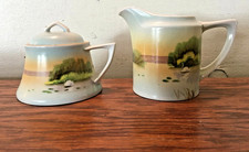 Meito China Hand Painted Small Creamer & Sugar Swan Scene Japan 1920s-1940s picture
