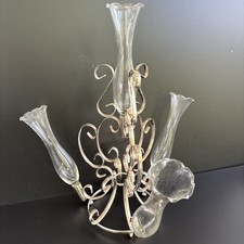 Vtg Victorian Silver Plated Epergne Flower Stand 4 Swung Glass Vases Centerpiece picture