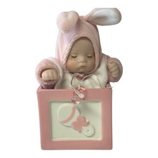 Vintage Porcelain Pink Sleeping Baby Musical Figurine Bunny Good Ceramic Block picture