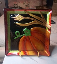 Vintage Sullivans Hand Painted Fused Glass Square Pumpkin Art Plate 7.5