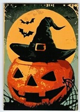 Vintage Halloween Postcard Jack O'Lantern with Witch Hat & Bats picture