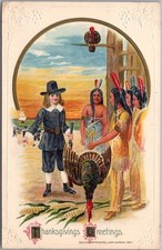 c1914 Winsch Schmucker THANKSGIVING Embossed Postcard Pilgrim & Indians - Unused picture