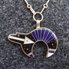 Vintage HAROLD SMITH Navajo LAPIS JET Inlay Sterling Silver NECKLACE Sacred Bear picture