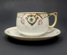 Antique Hand Painted Nippon Porcelain Teacup & Saucer Gold Trim K Mark 1910–1921 picture