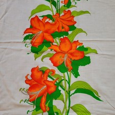 Vintage MCM Alfred Shaneen Hawaii Linen Hand Painted Fabric Orange Lilly Flowers picture