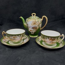 Antique Nippon Morimura Hand Painted Scenic 5pc Tea Set Green Raised Gold M Mark picture