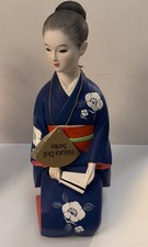Beautiful Hand-painted Japanese Hakata Doll Kneeling in Blue and Orange Kimono picture