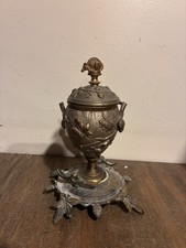 Antique Ornate French Lidded Vessel Inkwell with Rat Finial picture