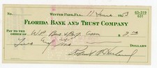 1953 Florida Bank Trust Check Winter Park FL Business Signed Robert O Harland ? picture