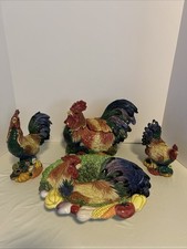 Fitz and Floyd Chickens Platter Cookie Jar and Candle Stick Holder Set Ceramic picture