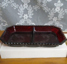 Avon 1876 Cape Cod Ruby Red Glass Divided Relish/Candy Dish - Original Box picture