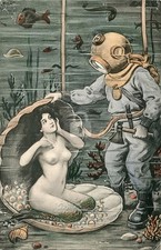 German 1905 Art Nouveau Beauty Deep SEA DIVER Mermaid Vintage Postcard COPY picture