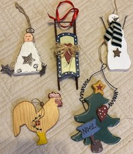Vtg Primitive Folk Christmas Ornaments Wood Hand Painted Snowman Rooster Sleigh picture