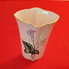 Vintage Toyo Japan Pink Calla Lily Ceramic Vase Gold Rim Pastel Floral 6 Inch picture