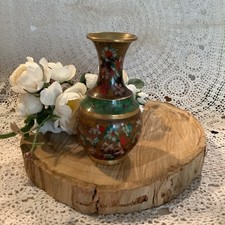 Vintage Kuo's China golden brown greens red floral Brass Cloison small vase 6