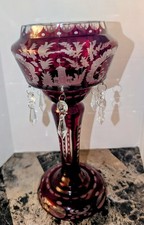 Antique Czech Victorian RUBY RED Etched Art Glass Mantle Luster w/ Prisms 10.5