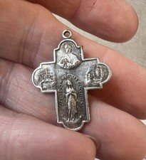 4 Way Cross Medal Lourdes 100 Year Anniversary French Silver charm Pendant 1” picture