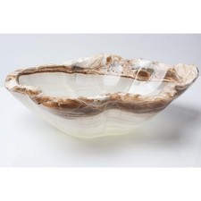Hand Carved Mexican Amber Onyx Bowl – Natural Banded Calcite Centerpiece picture