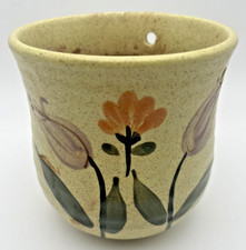 Vintage Yellow Ceramic Hanging Planter Hand Painted Floral Boho Folk Art 4in picture