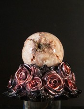 Rare Pink Amethyst Flower Agate Druzy Geode Sphere 45mm w/ Carved Rose Stand picture