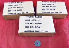 3 NOS VTG 100 PC BOXES AMERICAN THUMB TACKS 1/2” FLAT PUNCH THROUGH HEAD SILVER picture
