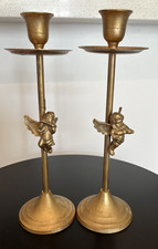 Vintage India Exotics Brass Cherub Angel Candlesticks Pair Hollywood Regency picture