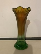 Northwood Green Carnival Glass Fine Rib Swung Vase 10” Tall picture