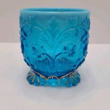 BLUE SPOONER GLASS Vase Beaumont Flora 1899 White Opalescent Rim Gold Accent  picture