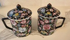 2 Vtg Chinese Jingdezhen Zhongguo Famille Noire Mille Fleur Coffee Tea Mugs Lids picture