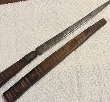 Vtg Antique SOUTH AMERICAN INDIAN PRIMITIVE HAND MADE 9’ KNIFE W/WOOD SCABBARD picture